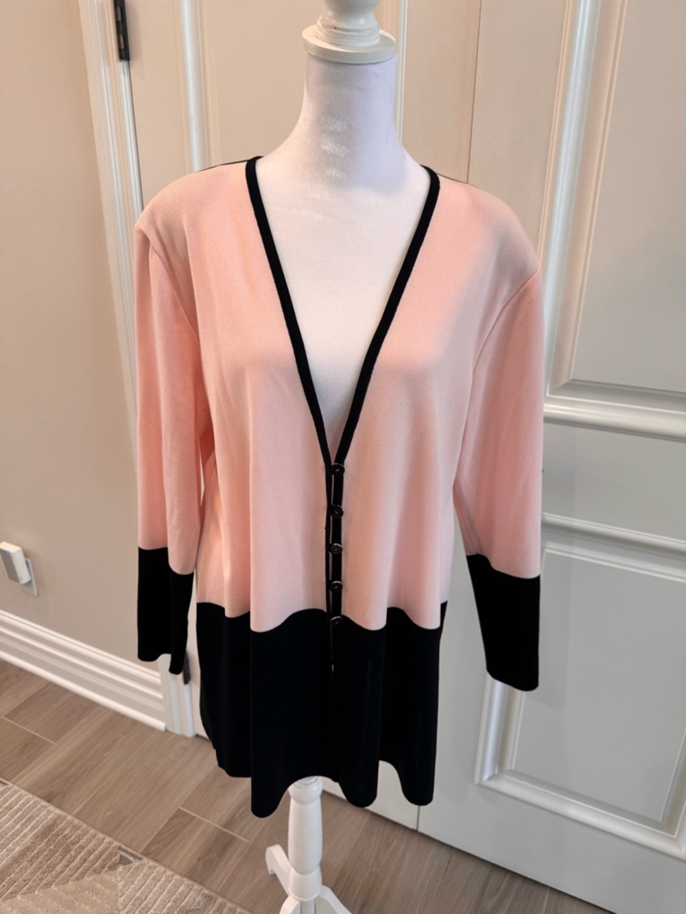 Misook Pink and Black Trim V-Neck Cardigan